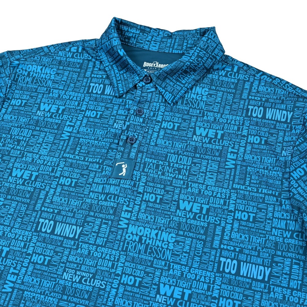 Bogey Bros Polo Shirt Mens Large Blue Golf Excuses Geometric AOP Stretch Wicking